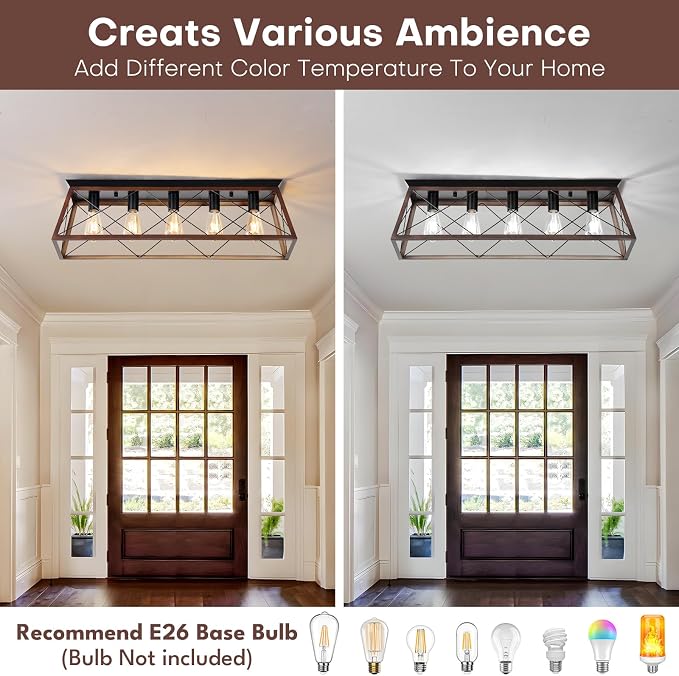 31.5" Flush Mount Ceiling Light, 5-Light Industrial Vintage Chandelier with Matte Black & Brushed Bronze Finish, Large Close to Ceiling Lighting for Dining Room, Kitchen Island, Living Room, Hallway