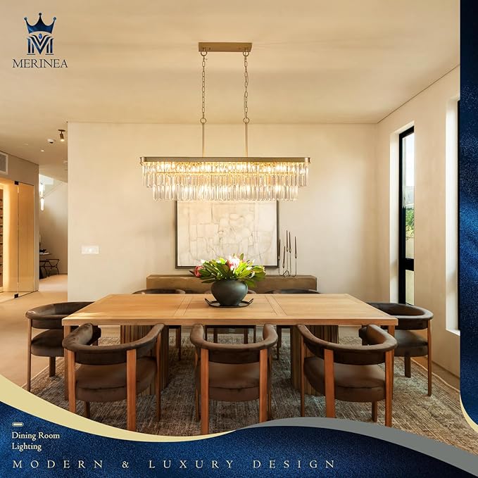 Rectangle Crystal Chandelier L40” 12 Lights Modern Gold Rectangular Long Chandeliers Luxury K9 Ceiling Pendant Light for Kitchen Island Dining Room Living Room Bar