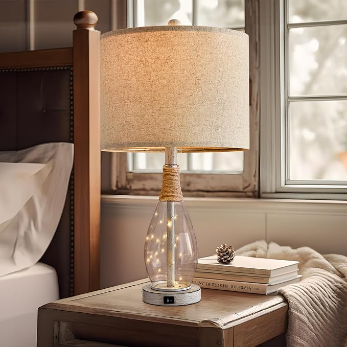 23" USB A+C Table Lamp for Bedroom Living Room Modern Bedside Lamps Retro Farmhouse Rattan Glass Nightstand Nightlight Lamps (White),Two Light Points