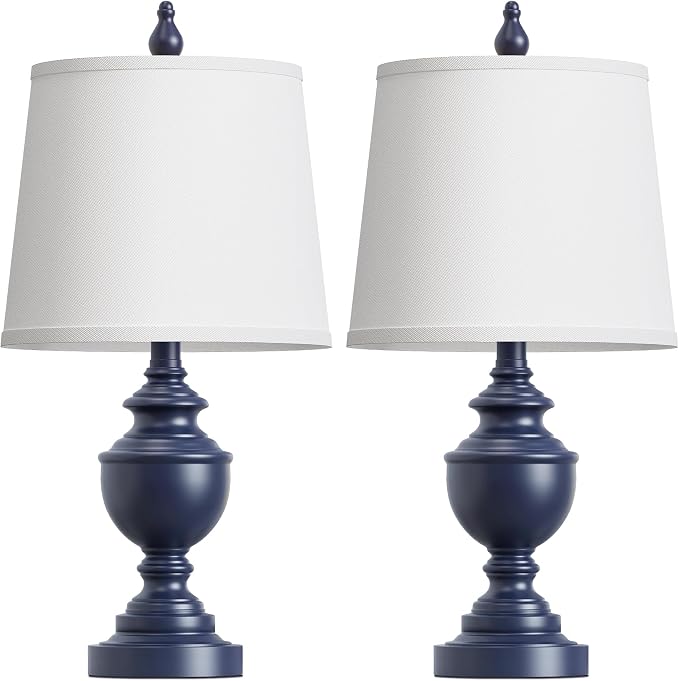 Retro Table Lamps Set of 2, Bedside Lamp for Bedroom Rustic Farmhouse Table Lamps for Living Room, Vintage Nightstand Lamps with White Shades, Blue