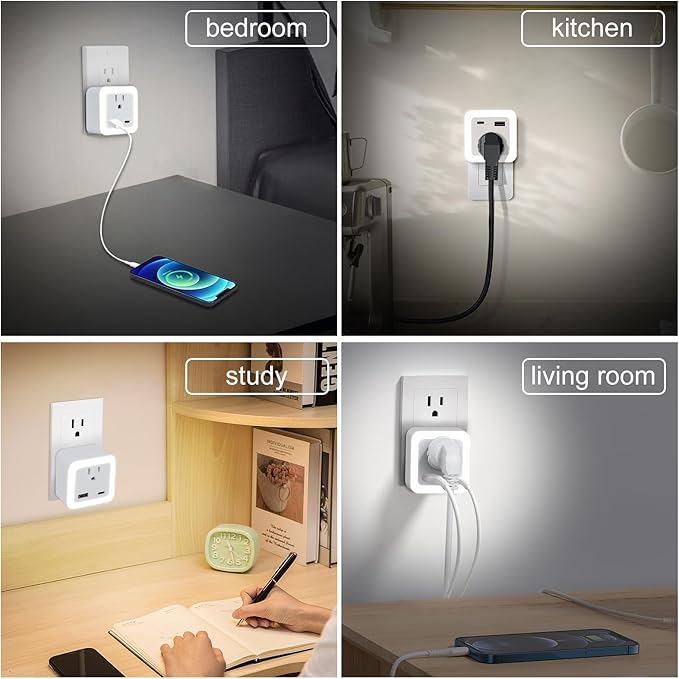 Night Lights Plug Into Wall 2 Pack Rechargeable Battery Backup Light Dusk to Dawn Sensor Night Light with Outlet Expander for Adults Kids Bedroom, Kitchen, and Bathroom (2, cool white, 5000K)