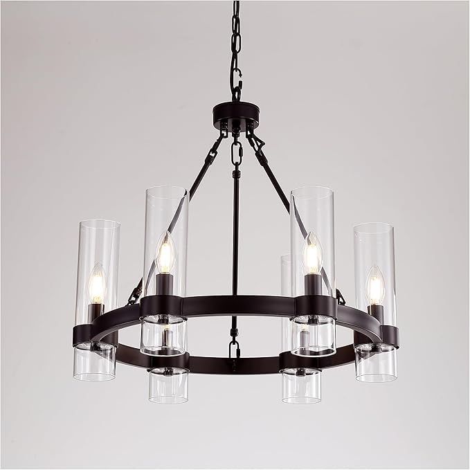 22 Inch Black Wagon Wheel Chandelier with Glass Shade, 6 Lights, Modern Farmhouse Style, Ideal for Dining Room, Kitchen, Entryways