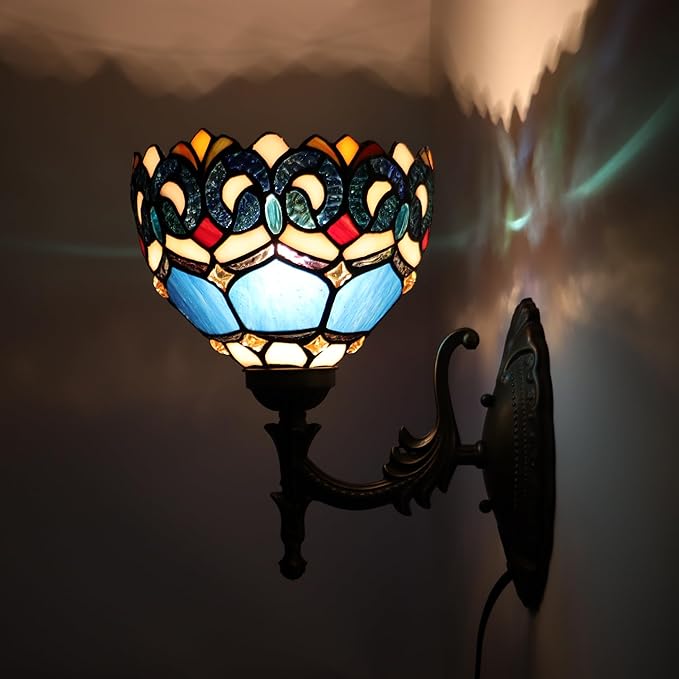 Tiffany Sconce Lamp Stained Glass Wall Lamp,8X10.5X11 Inch Plug in Wall Bedside Light for Hallway Bedroom (Blue Baroque)