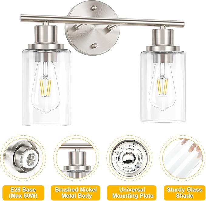 2-Light Wall Light Fixture, Bathroom Vanity Light Over Mirror | Wall Sconce Light Fixture with Clear Glass Shade Brushed Nickel Modern Metal Wall Lights for Hallway Bedroom Living Room