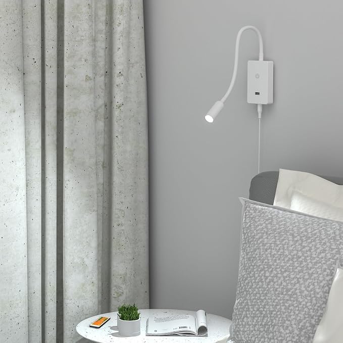 LED Wall Mounted Bedside Reading Light with Wireless Remote Control, White Flexible LED Bedroom Wall Spot Lamp, Dimmable Neutral White 4000K Lighting, Timer Function, 5V2A USB Output
