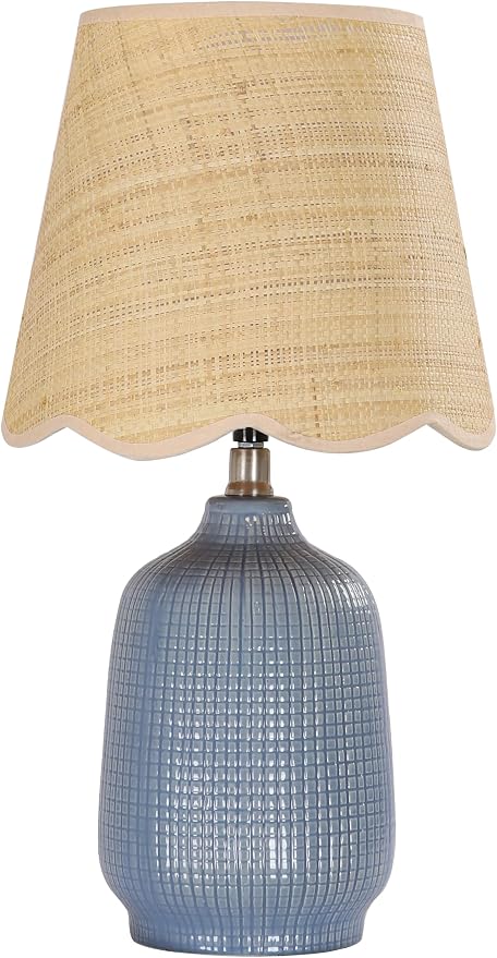19" Modern Ceramic Table Lamp for Living Room Gray Blue Base Desk Lamps for Bedroom Farmhouse Bedside Nightstand Lamp End Table Lamps,Bule,Rattan Shade
