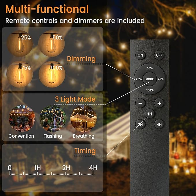 String Lights for Outside,75FT Patio Lights with 50+3 Bulbs(1.5FT Bulbs Spacing), outdoor string lights, Remote & Dimmer, 3 Mode Light & Timing, 50PC Mounting Ties for Outside, 2200K(Black)