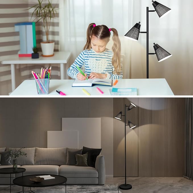 LALISU Tree Floor Lamp for Living Room, Industrial 3-Light Standing Lamp with 3 LED Bulbs, Adjustable Rotation Heads, Standing Tall Pole Lamp Reading Lamps for Bedroom Office (Black Hollow-Carved)