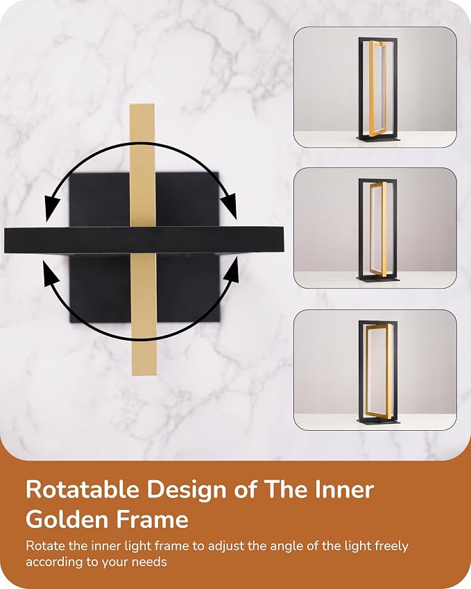 EDISHINE LED Table Lamp Set of 2, Modern Dimmable Nightstand Lamps, Gold | 3 Color Temperatures, MAX 750LM, Angle Adjustable, Dual-Frame Rectangle, Ideal for Living Room, Bedroom