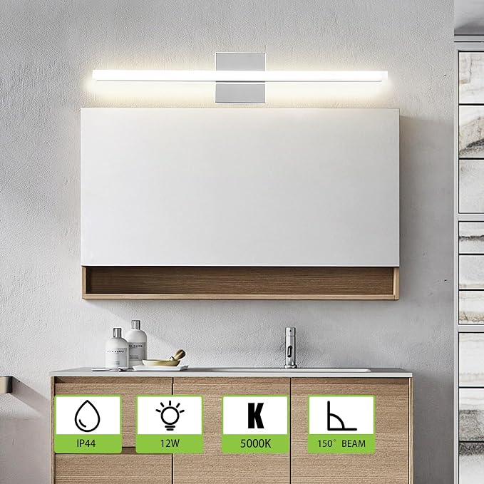 24 Inch Chrome LED Bathroom Vanity Light, 14W 6000K Cool White Over Mirror Lighting Fixture, Modern Hardwired Linear Wall Sconce for Bathroom Bedroom