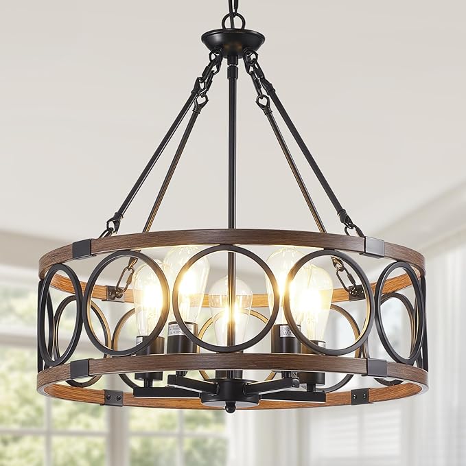 20.5'' Farmhouse Chandelier, 5-Light Walnut Wood Grain Dining Room Light Fixture Over Table, Rustic Industrial Drum Hanging Pendant Lights Fixture for Kitchen Island Bedroom Hallway Foyer Entryway