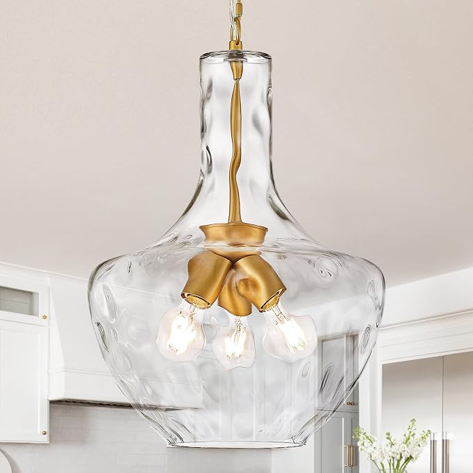 Modern 3-Light Gold Pendant Light Hammered Glass Kitchen Island Light Large Glass Pendant Lights Over Sink Brass Hand-Blown Glass Hanging Light for Kitchen Dining Room Hallway Entrance