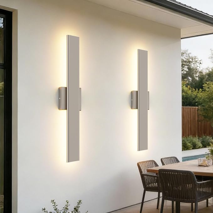 Aipsun 2 Packs Nickel Outdoor Wall Light 23.6inch Modern LED Exterior Wall Sconce, Long LED Linear Exterior Lights 3000K 4000K 6000K for Entrance, Hallway, Garage, Porch(3CCT)