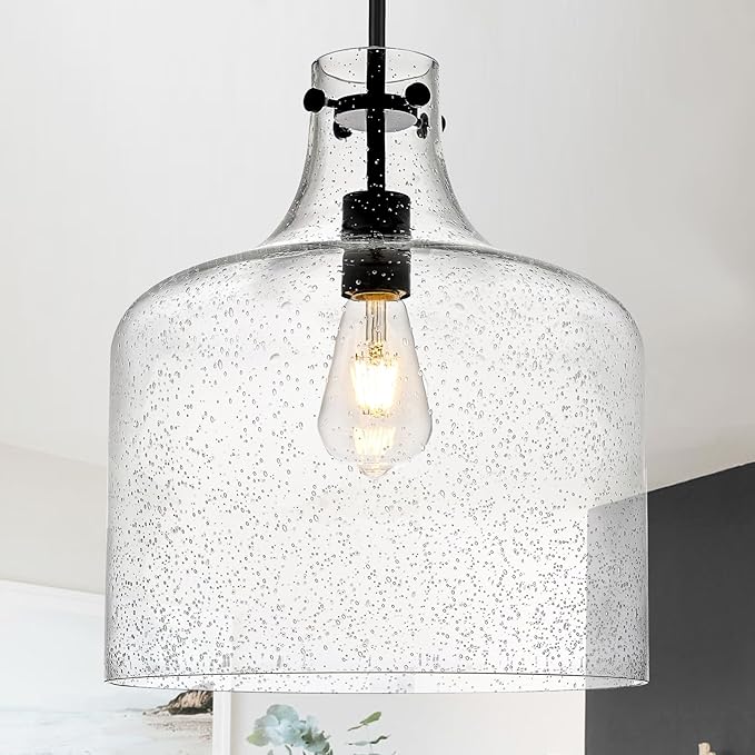12" Black Seeded Glass Pendant Light, Modern Farmhouse Hanging Ceiling Light Fixture for Kitchen Island, Dining Room, Hallway, Hand-Blown Bubble Glass Shade, E26 Dimmable Pendant Lighting