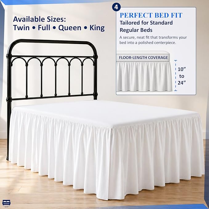 Ruffled Bed Skirt with Split Corners-Dust Ruffle - 24" Drop 100% Microfiber Soft,Sheen & Luxurious Look - Bed Skirts (White -Twin)