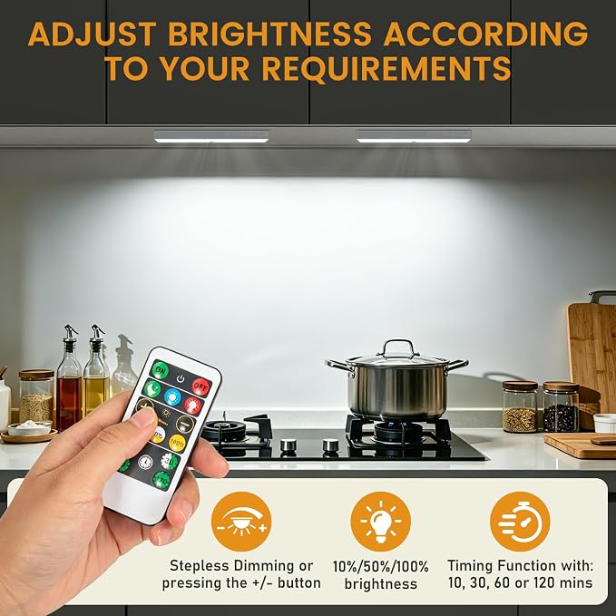 Racokky Under Cabinet Lighting with Remote, Motion Activated RV Step Light | 2 Pack 30LEDs 8'' Rechargeable Closet Lights, Dimmable Night Bar, Magnetic, Timer, for Kitchen Wardrobe Stair Motorhome