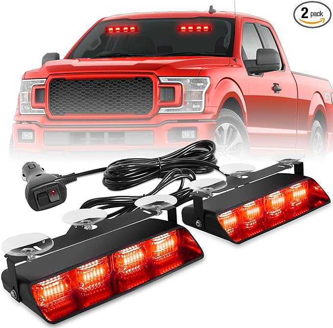 HLauto 2002L Emergency Dash Strobe Lights: Red Safety Lights, Flashing Warning Hazard Windshield Visor Traffic Light Bars for Trucks, Construction Vehicles (2x8.5 inch, 48LED)