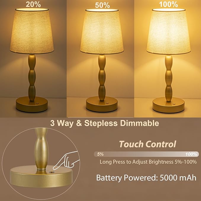 Rechargeable Cordless Table Lamp, 5000mAh Battery Powered Touch Desk Lamp, 3-Level & Stepless Dimmable Night Light, Portable Bedside Lamp for Bedroom, Outdoor, Bulb Included, Gold