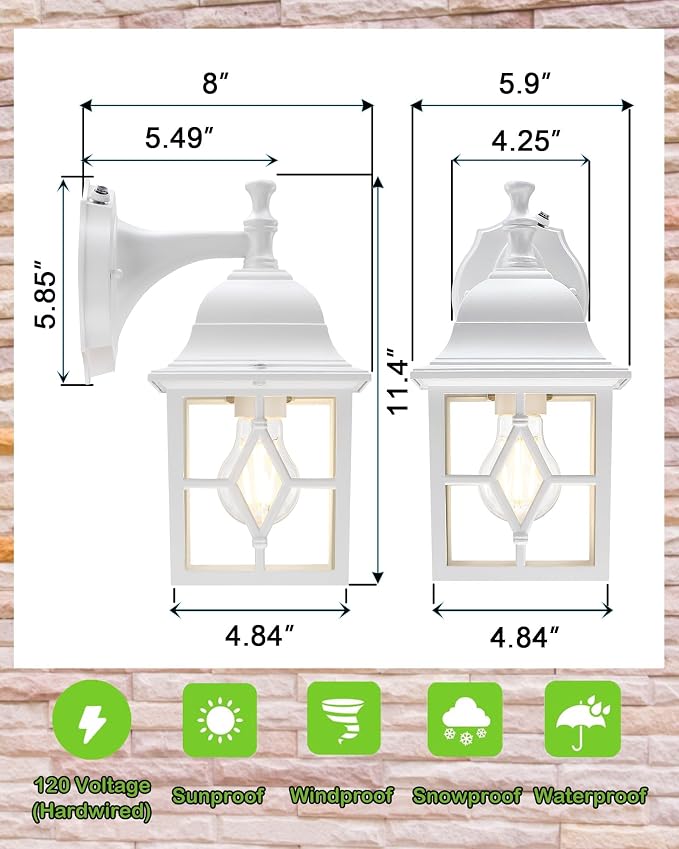Outdoor Wall Light Fixture, Rustproof Aluminum, Glass | Dusk to Dawn Large Exterior Porch Light Wall Sconce Lantern for House, Patio, Garage, Waterproof, E26 Socket 60W Max, White