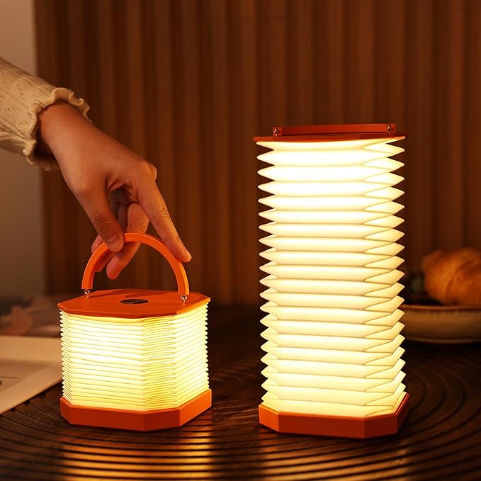 Portable Paper Lamp,White Accordion Desk Lamp,Japanese Lanterns lamp for Home Decoration and Gift,Dimmable Bedside Lamp,1200mAh USB Powered Night Light for Bedroom,Office,Reading （Orange