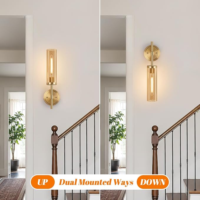 MOKATNG Hardwired Wall Sconces Set of Two, Brushed Gold Bathroom Sconces with Amber Glass, Modern Wall Light Fixtures for Bathroom Mirror Vanity, Living Room, Hallway, Stairway, Cabinet, Foyer