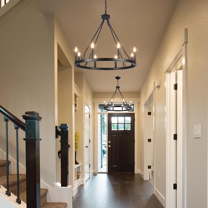 LASENCHOO Round Black Wagon Wheel Chandelier Farmhouse for Dining Room Light Fixture 8 Lights Dia 23.6" Large Wrought Iron Black Chandeliers for High Ceilings Outdoor Entryway Foyer Living Room Porch