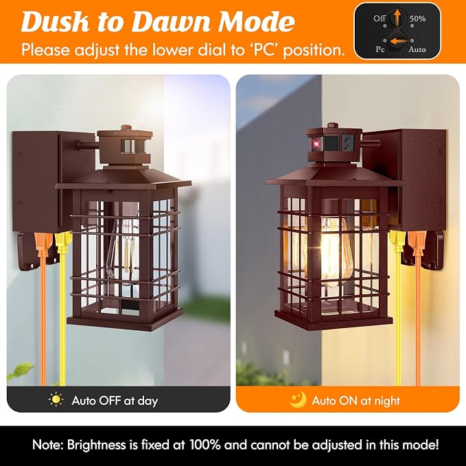 2-Pack Porch Light with GFCI Outlets, Brown Motion Sensor Dusk to Dawn Outdoor Wall Light Fixture, Waterproof Outside Wall Lantern Sconce 3 Lighting Modes, Exterior Wall Light for Front Door House