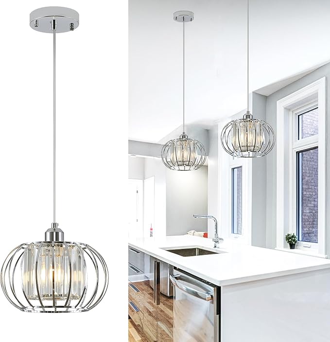 Modern Chrome Pendant Light Fixtures, Mini Crystal Hanging Light Chandelier, Metal Kitchen Island Lighting, Adjustable Pendant Lighting for Kitchen Island, Dining Room, Bedroom, Hallway