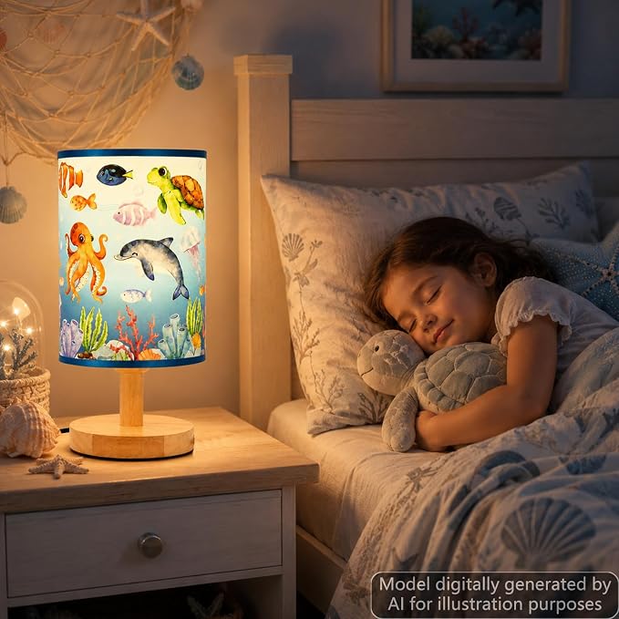 Under the Sea Table Lamp Ocean Animals Fish 3 Colors Dimmable Lights Underwater World LED Night Light Bedside Decor with Wooden Base Fabric Lampshade for Bedroom Living Room Home Decor Birthday Gift