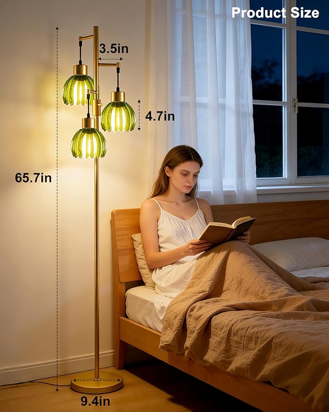 Lightdot 65'' Green Glass Floor Lamp Dimmable Gold Floor Lamps with Lotus Glass Shade& 3000K Bulbs Included 3-Lights Modern Tall Standing Lamp with 5Lbs Heavy Base for Living Room/Bedroom/Sofa Beside