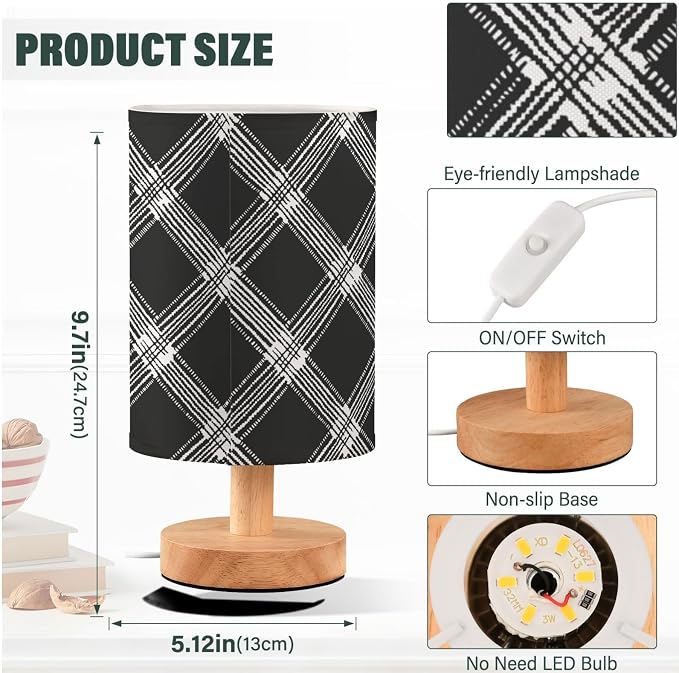Fustylead Black and White Plaid Check Bedside Table Lamps with USB Port for Bedroom Lamp Table Lamp Small Nightstand Lamp Sturdy Linen Shade Wooden Decorative Lamps for Home Dorm Office Living Room