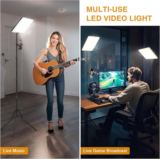 2 Pack Led Video Light Kit with Stand, Kmasic Photography Light Panel Built-in 8000mAh & LCD Display, 2200Lux 2500K-8500K Soft Studio Light for Video Recording Game Live Streaming YouTube TikTok
