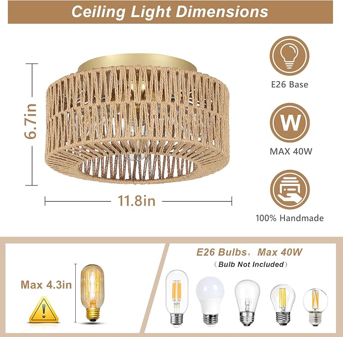 PAUFUL Boho Light Fixtures, 3-Light Farmhouse Rattan Ceiling Light, Flush Mount with Hand-Woven Shade, Modern Chandelier for Living, Bedroom, Entryway, Kitchen, Nursery