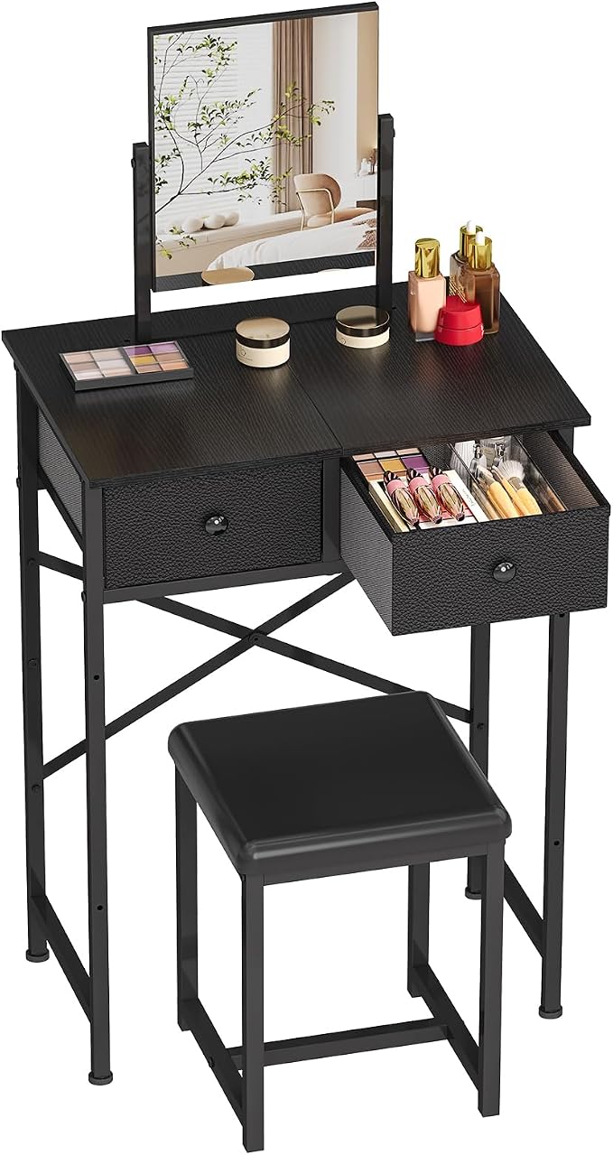 X-cosrack Black Small Vanity Desk with Mirror & Chair, 19.7" W Mini Vanity Desk Table Set with Fabric Storage Drawer for Kids, Girls, Teens, Dressing Table with Chair for Bedroom