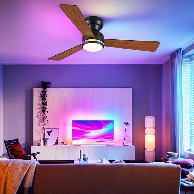 46" 3-Blade Brown Low Profile RGB Ceiling Fan with Light and Remote/APP | 11 RGB Modes,Reversible 6 Wind Speeds,Dimmable 3 CCT LED, 25W Quiet DC Motor,Timer,6 Double-Sided Blades,for Kidsroom Party