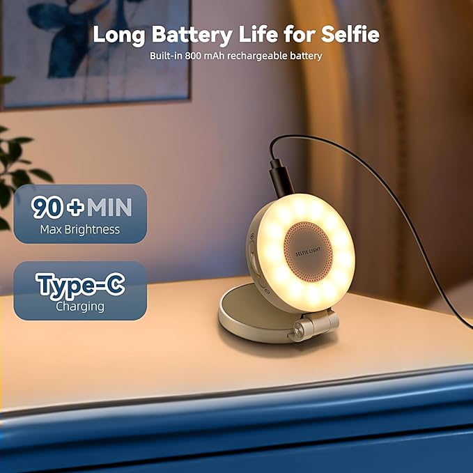 Portable Magnetic Led Selfie Light, Rechargeable Portable Ring Light for Phone, Selfie Ring Light with Mirror for Phone Folding Video Makeup Live Vlog Fill Light White