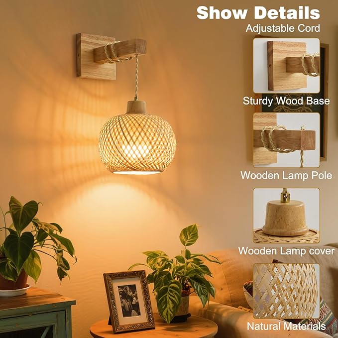 Bamboo Battery Operated Wall Sconces Set of 2, Rechargeable Rattan Cordless Battery Powered Wall Lights/Lamps with Remote, Woven Boho Wireless Decor Lighting Fixture for Living Room Bedroom