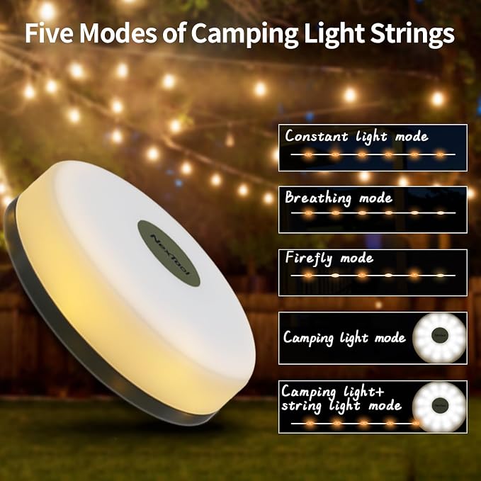 Camping Lights String: Outdoor String Light with 5 Lighting Modes - Quick 30s Recovery Durable and Waterproof - USB Charging - Portable Camping Lights for Yard/Hiking (32.8ft)
