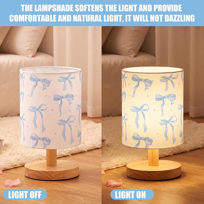 Blue Bow Kids Table Lamp for Bedroom Kids Bedside Lamp with Linen Wooden Nightstand Cartoon Nursery Lampshade for Girls Boys Living Room