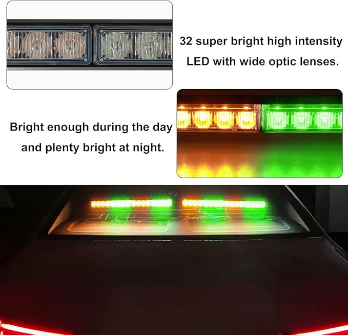 ASPL 2x16.8 inch Emergency Flashing LED Traffic Advisor Strobe Light Bar 32LED 26 Flash Patterns Interior Safety Warning Lights (Amber/Green)