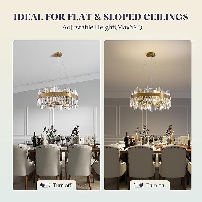 12-Light Modern Crystal Chandelier, 19.7'' Gold Chandelier Light Fixture, Brushed Gold 2-Tiers Raindrop K9 Crystal Ceiling Light Adjustable Round Chandeliers for Dining Room Bedroom Bathroom Entryway