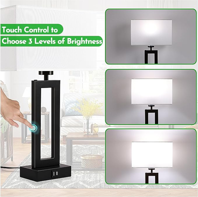 Lamps for Bedrooms - Set of 2 Modern Table Lamps with Touch Control, 3 Way Dimmable, USB C&A Charging, White&Black