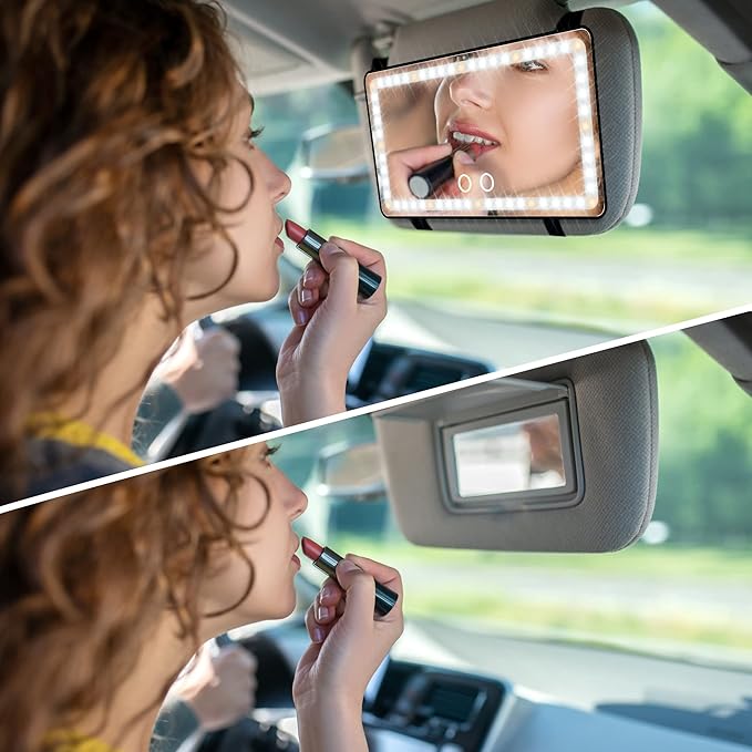 Car Sun Visor Vanity Mirror with Lights, 2 Pcs Rechargeable Car Makeup Mirror Accessories, Birthday Gifts for Women Girl, 3 Light Modes, Dimmable Touch Led Screen, Universal for Car Truck