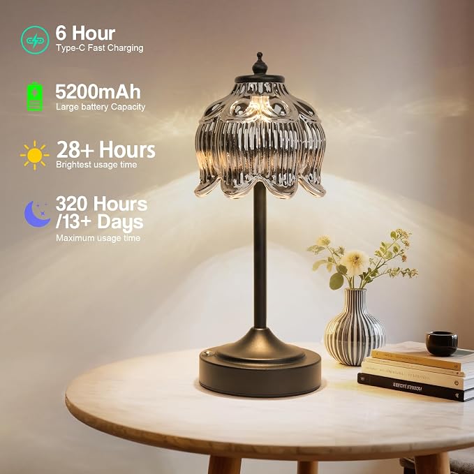 Cordless Table Lamp, Rechargeable Black Glass Lotus Flower Lamp | 5200mAh touch lamp with 3 color modes and stepless dimming, battery operated lamp for nightstands and kitchen counters
