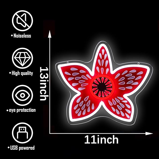 Stranger Flower Neon Sign - Demooo Neon Dimmable USB-Powered for Bedroom, Game Room & Halloween Decor - Unique Gift for Fans- Cool 80s Retro Sci-Fi Lighting 11 * 13 Inch