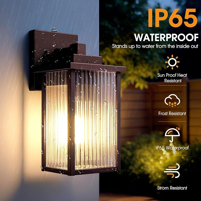 2-Pack 13" Bronze Dusk to Dawn Wall-Mounted Exterior Light Fixtures | Auto On and Off, Anti-Rust Metal Frame, Tempered Glass, E26 Socket, Easy DIY Install on Porch, Garage