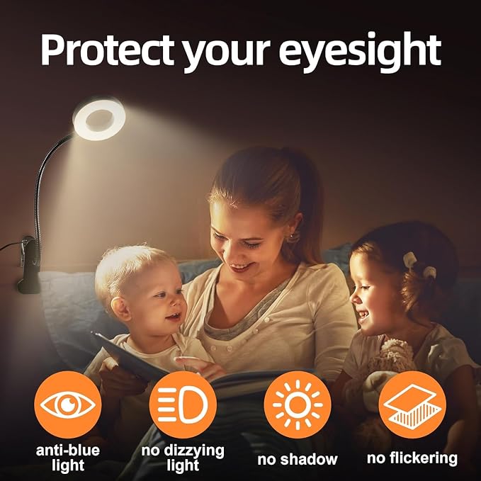 Foneso Desk Lamp Clip on Light, 48 LEDs USB Lamp with 3 Color Modes 10 Brightness Levels, 360° Flexible Gooseneck Eye Protection Bed Night Light for Reading, Makeup, Office, Pack of 2