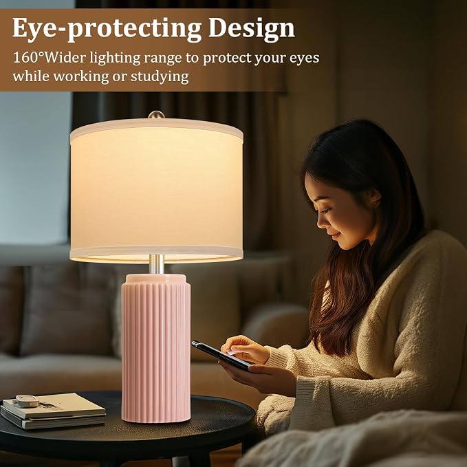 23.5" Pink Ceramic Table Lamps Set of 2, Modern Nightstand Lamps | Bedside Table Lamps with White Linen Shade, Ideal Size, Farmhouse Home Decor for Living Room Bedroom Office End Table Dorm