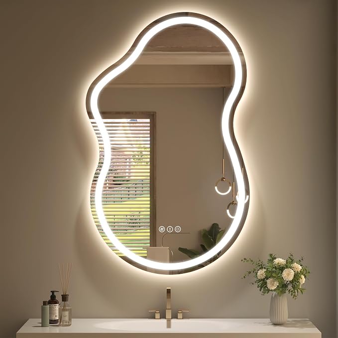 SMIROR 20x32 Irregular Led Lighted Bathroom Vanity Mirror | Asymmetrical, Cloud Shape, Front lighted + Backlit, Anti-Fog, 3 Colors, Dimmable, Memory, Tempered Glass, UL