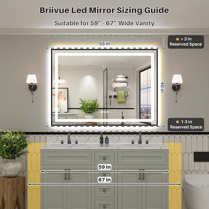 55x40 Inch LED Bathroom Mirror with Black Frame, Backlit & Front Lit | Anti-fog, 3 Color Dimmable, Memory Function, HD Reflection Tempered Glass, ETL Listed, IP54 Waterproof